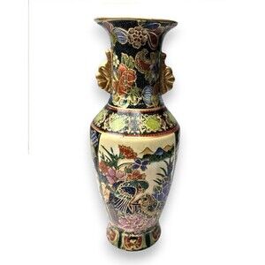 Vintage Japanese Satsuma Moriage Style Vase Birds Flowers Garden Motif 9.75"